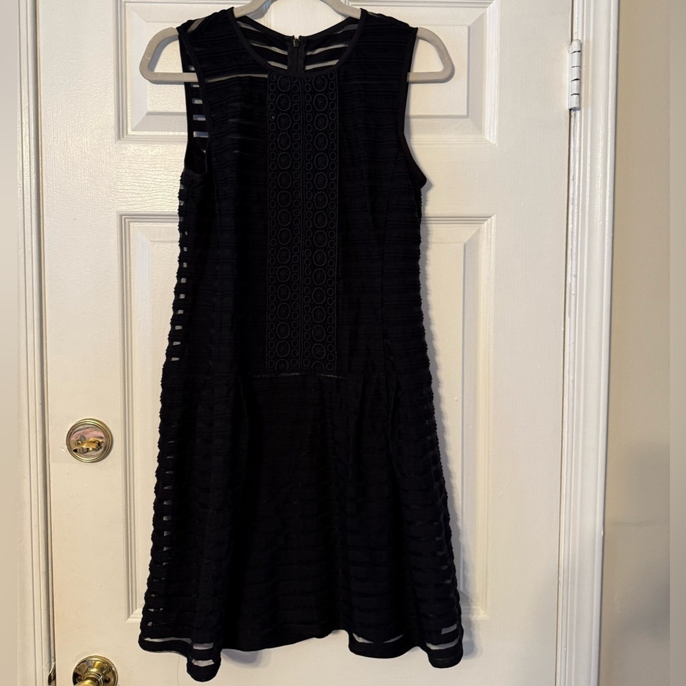 Nanette Lepore Black Sleeveless Midi Dress with Lace-Style Panel